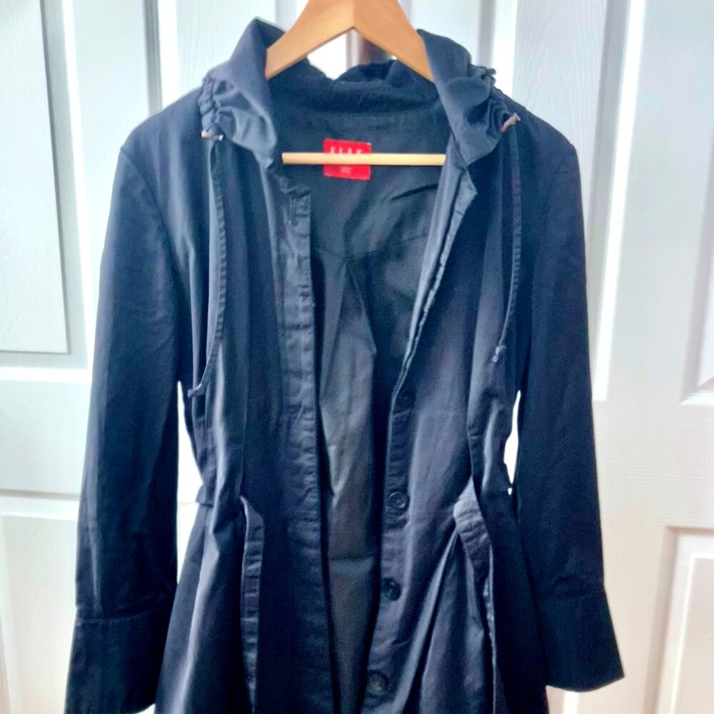 Womens Elle Black Button Down Rain Coat Jacket Small Lined Drawstring High Neck